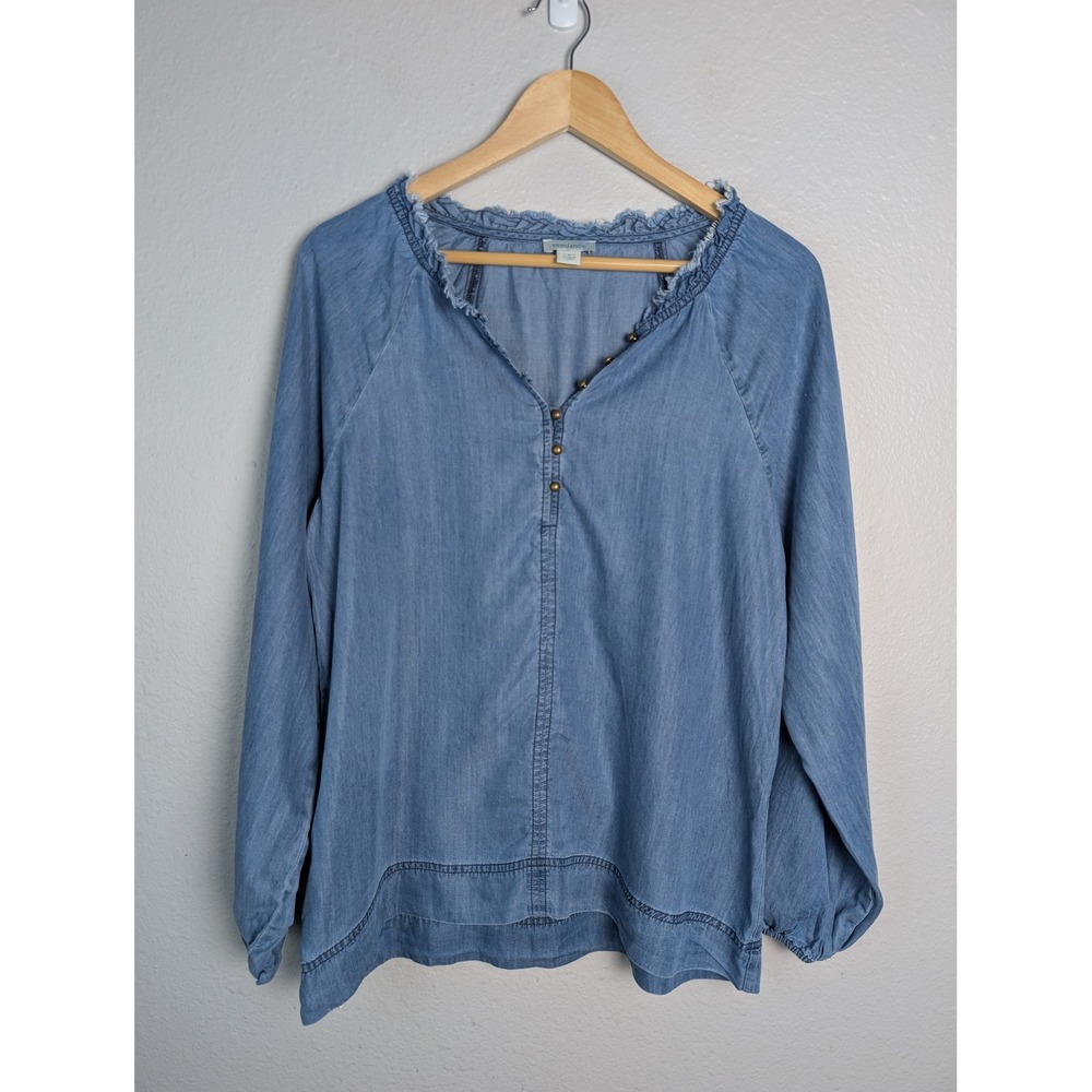 Sundance Womens Blue Tencel Frayed Neck Button Front Raglan Blouse Top Small - Picture 2 of 9
